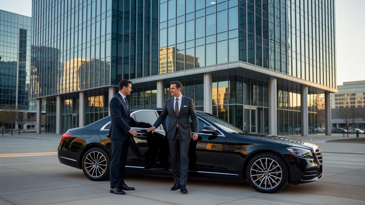 Professional black car service chauffeur opening door for client in Atlanta