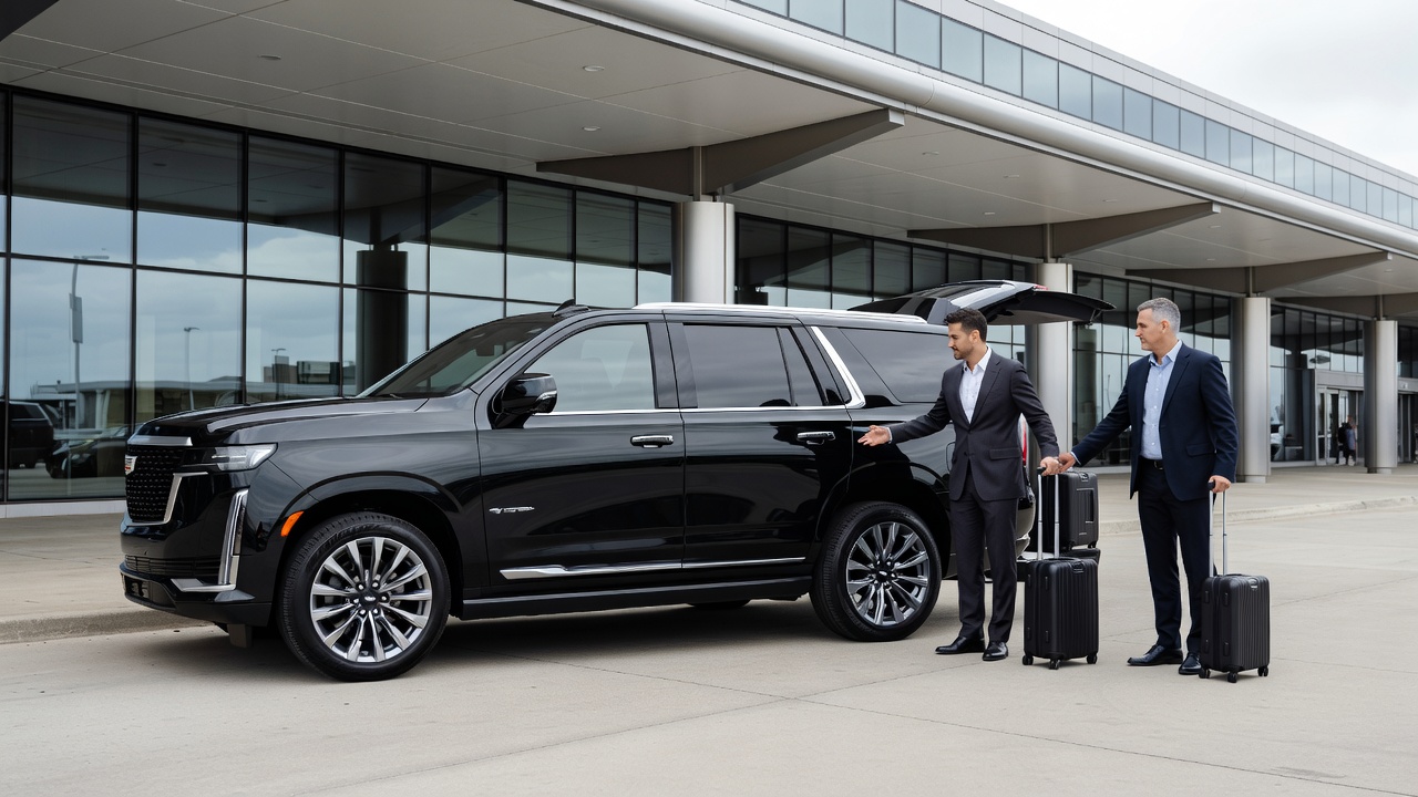 Professional black luxury limousine service vehicle parked in Atlanta ready for airport transportation